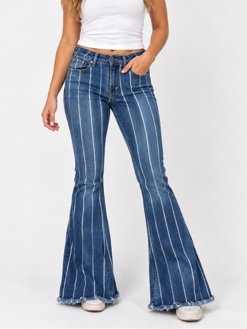 Grace in LA Women’s Size 32 Striped Flare Jeans Blue Raw Hem Western Boho